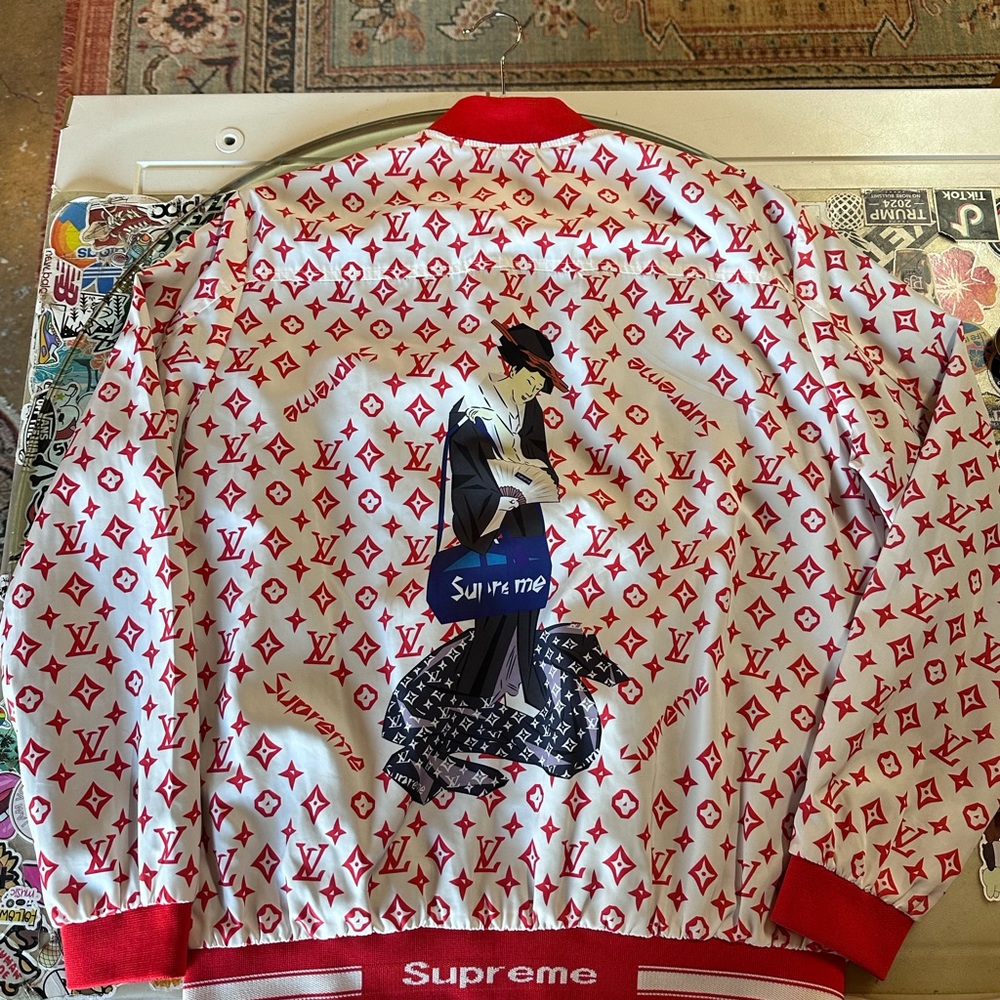 White and Red LV Logo Zip Up